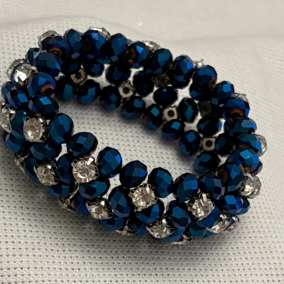 Dazzling Sapphire Blue Beaded Sparkling Elastic Bracelet, Rhinestone Jewelry - Picture 4 of 6